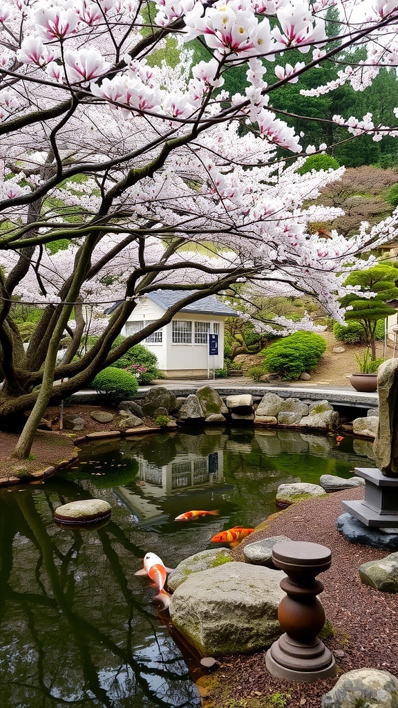 A serene Japanese garden with cherry blossoms, a pond with koi fish, and stone pathways.