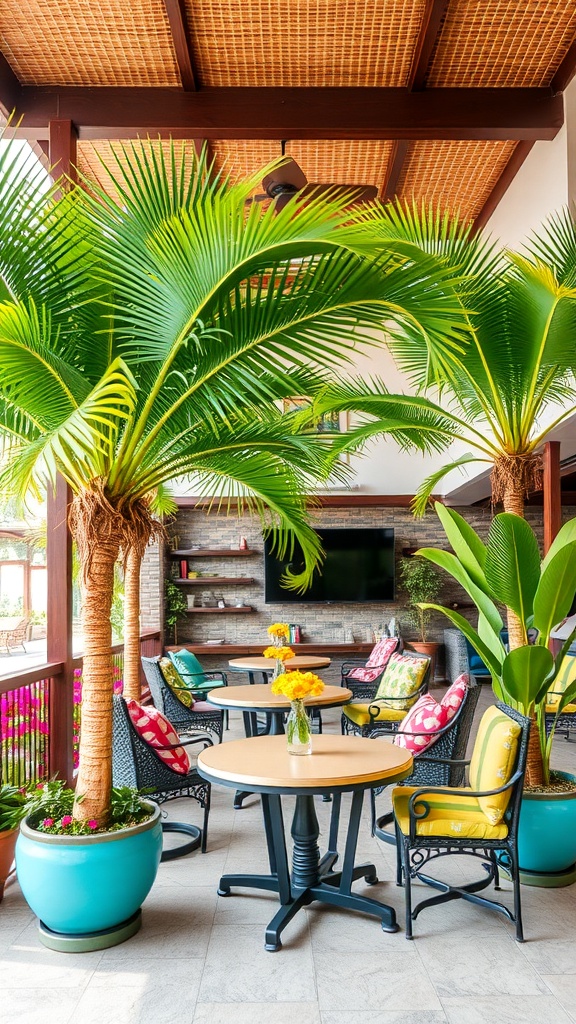 A tropical patio decorated with palm trees and colorful lanterns.