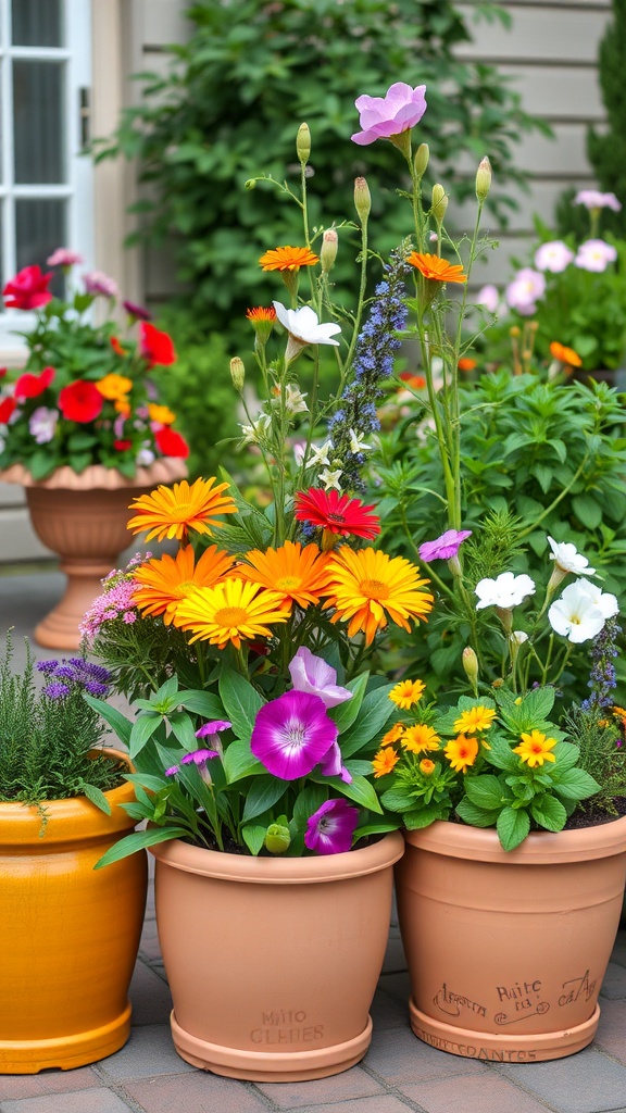 Colorful flowers in terracotta pots in a small backyard garden