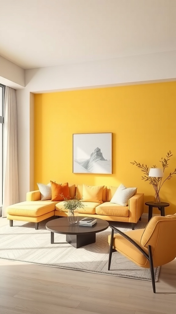 A bright pale yellow accent wall in a living room with white furniture and light wood flooring.