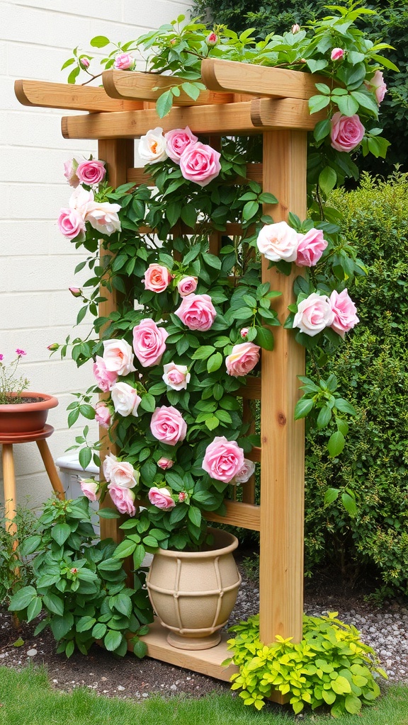 A wooden trellis with climbing pink roses in full bloom.