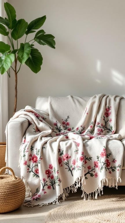 A cozy throw blanket with floral embroidery draped over a light sofa, accompanied by a potted plant.