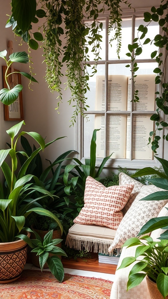 Cozy corner with various indoor plants, a comfortable seat, and decorative pillows.