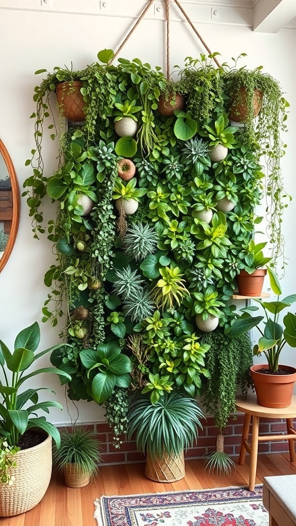 A vibrant indoor vertical garden with various green plants arranged on a wall.
