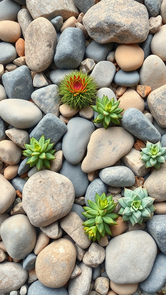 A variety of succulents arranged among smooth stones in a rock garden.