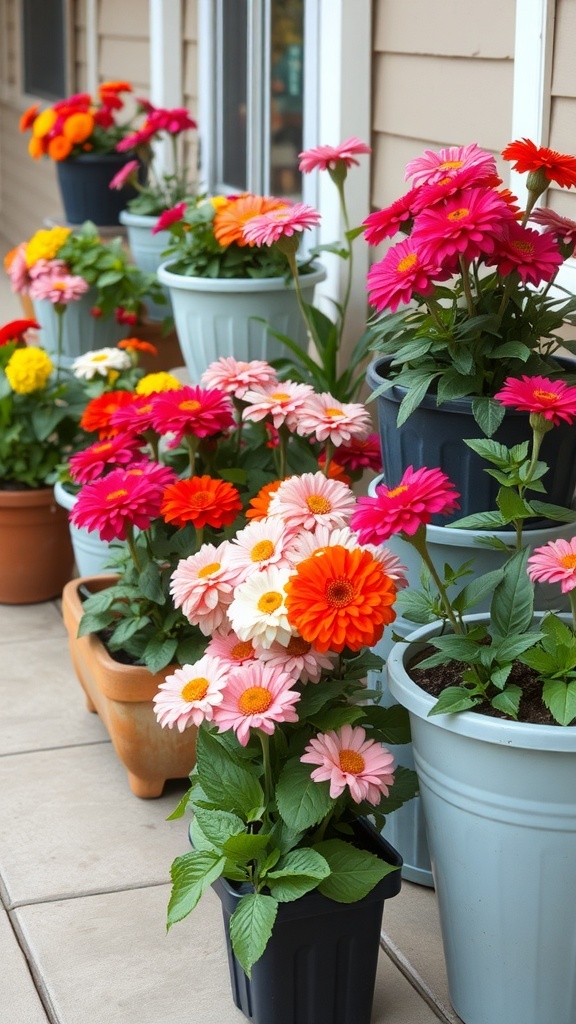 Colorful zinnias in various pots on a patio
