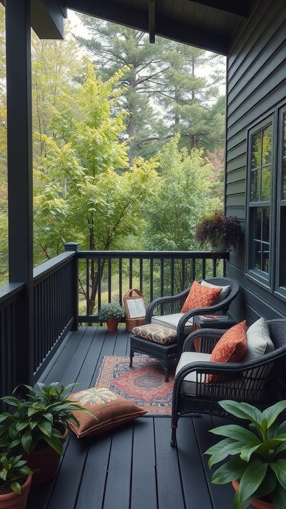 Cozy reading nook on a black deck with comfortable chairs, colorful pillows, and surrounding greenery.