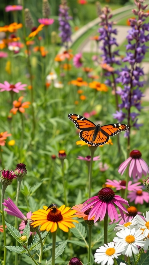 A vibrant butterfly garden featuring a monarch butterfly among colorful flowers.