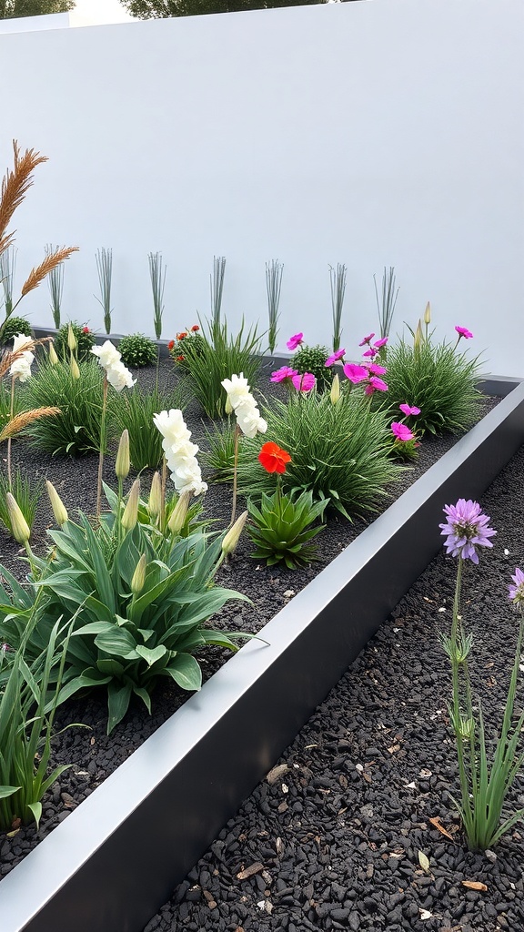 A modern garden featuring colorful flowers bordered by sleek metal edging.