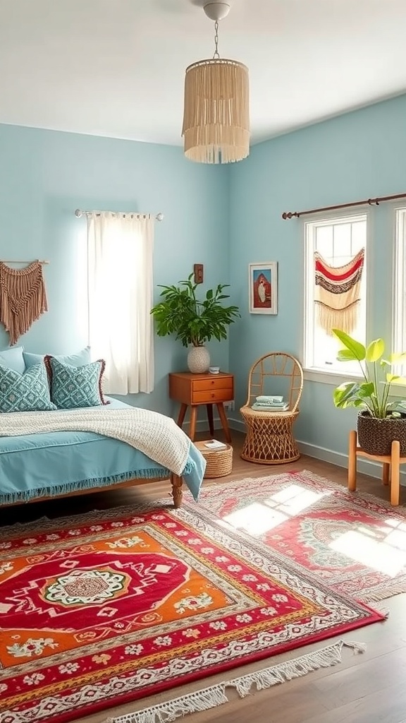 A cozy Boho bedroom with light blue walls, a bed with soft blankets, and whimsical rugs defining the space.