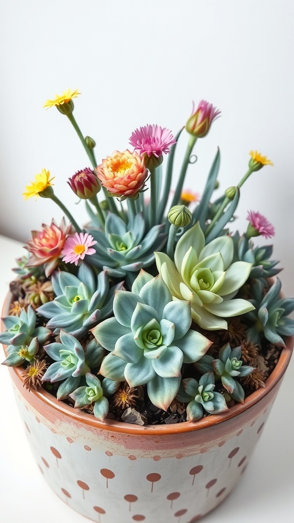 A pot filled with various succulents and colorful flowers, showcasing a vibrant mix.
