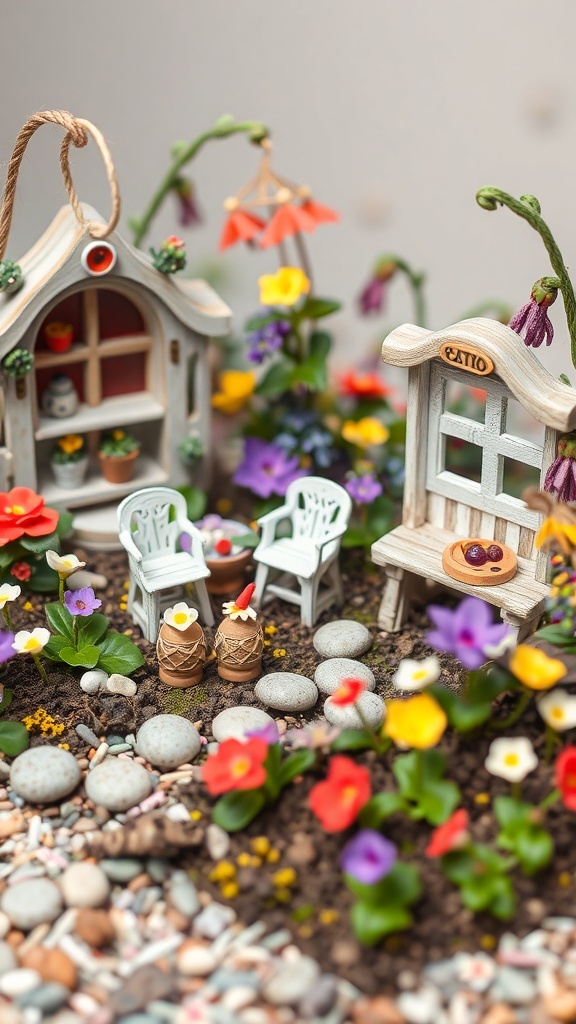 A whimsical fairy garden with miniature houses, colorful flowers, and tiny furniture.