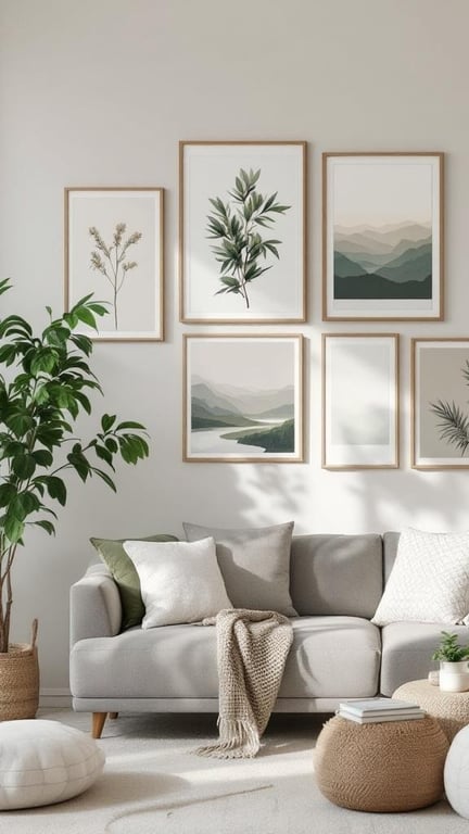 A cozy living room featuring nature-inspired wall art with botanical prints and serene landscapes.