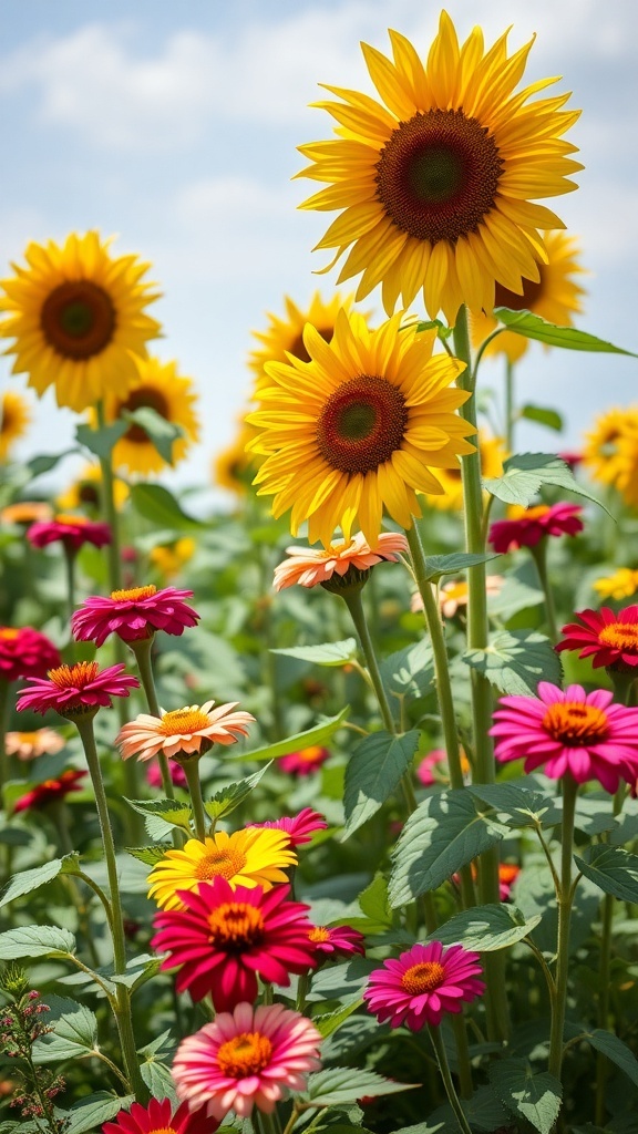 A vibrant garden featuring tall sunflowers and colorful zinnias.
