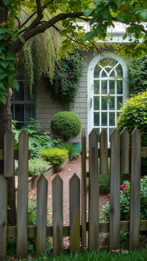 A small garden with a rustic wooden fence, featuring lush greenery and a path leading to a door.