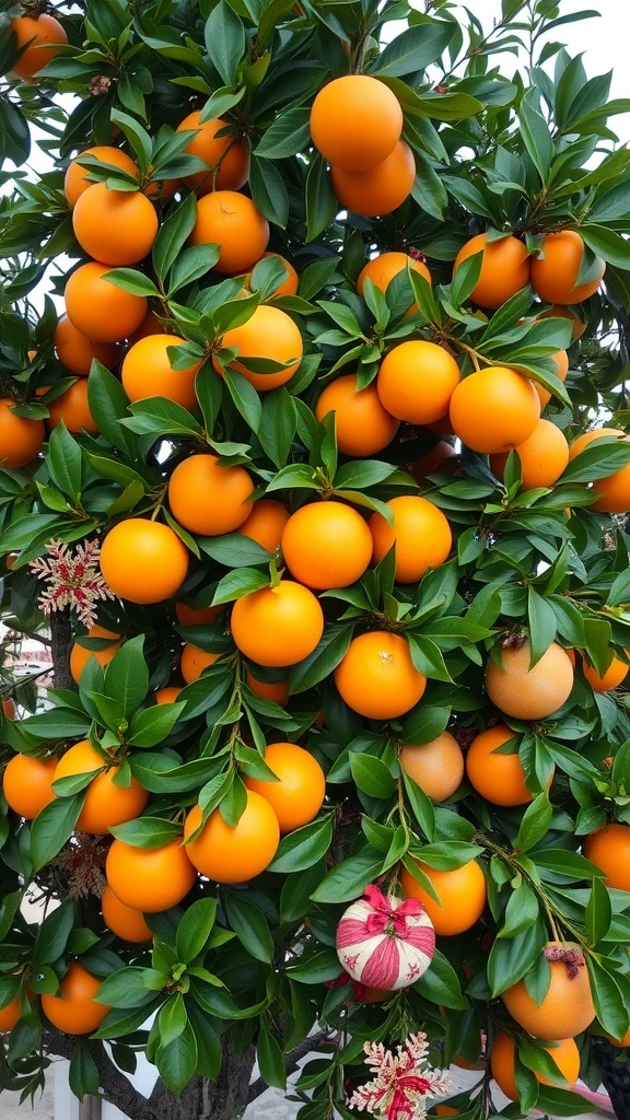 A lush tangerine tree with ripe fruit and green leaves