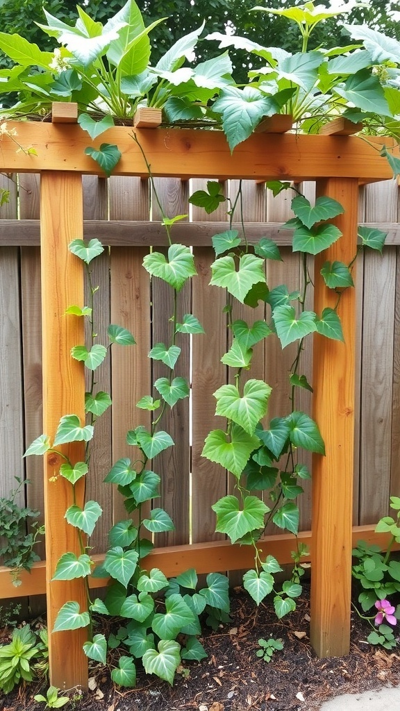 A wooden trellis supporting climbing plants with lush green leaves.