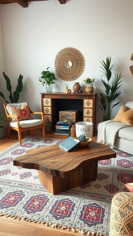 A cozy boho living room featuring a unique wooden coffee table, colorful rug, and stylish decor.