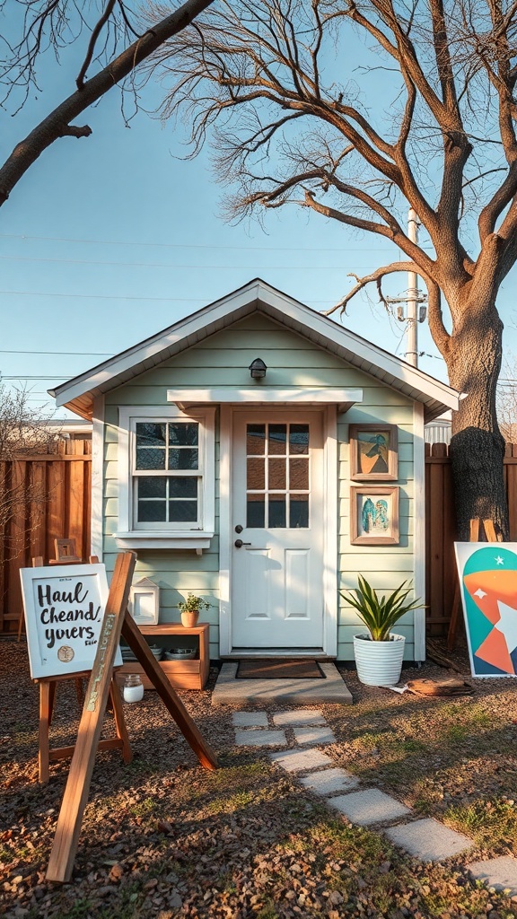 A small, two-story shed house with a welcoming entrance and artistic decorations.