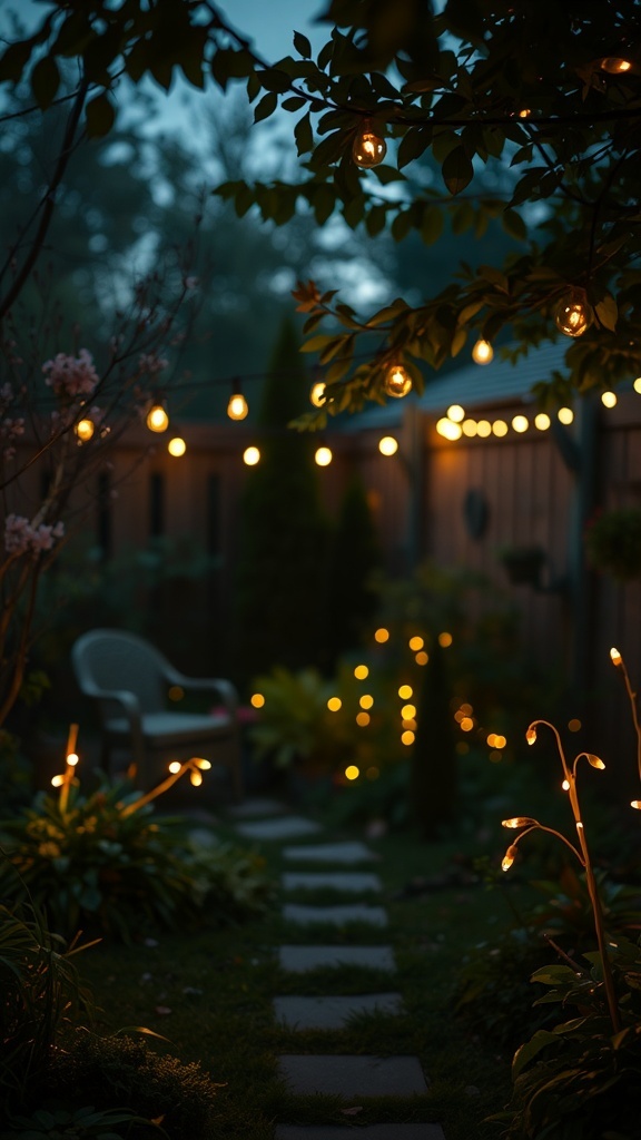 A beautifully lit backyard garden path with string lights and pathway lights creating a warm atmosphere.