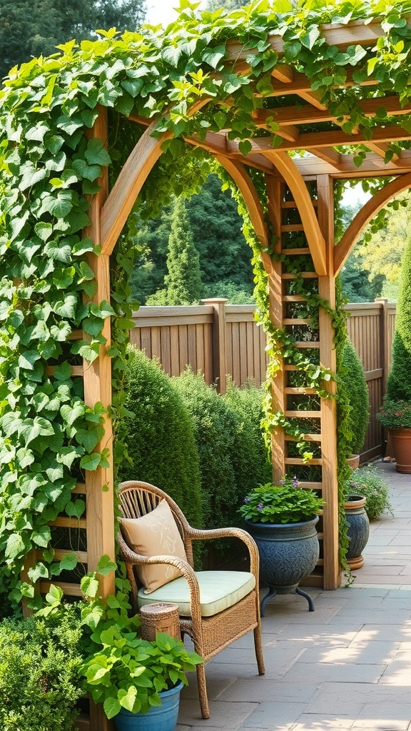 A wooden trellis covered in green vines with potted plants at its base.