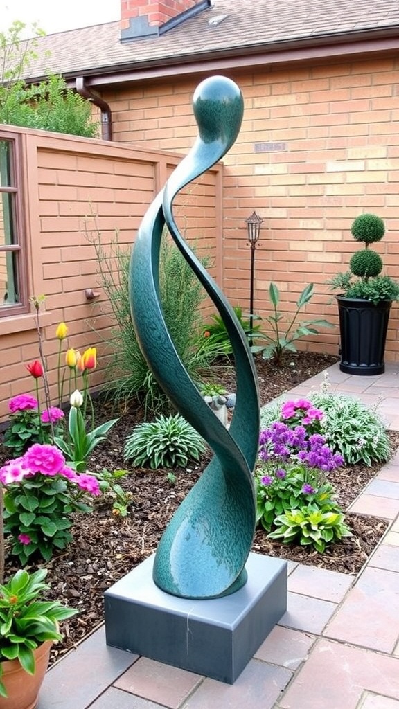 A modern garden sculpture in a landscaped patio setting.