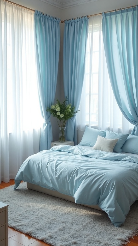 A cozy minimalist bedroom featuring soft blue bedding and curtains, with natural light filtering through the windows.