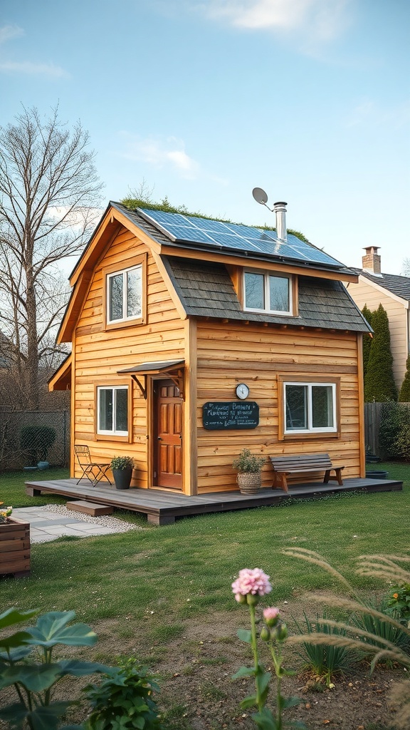 A charming two-story shed house with solar panels and wooden exterior.