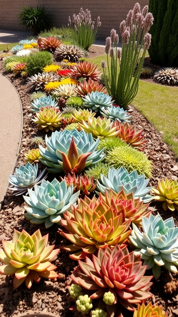 A vibrant display of various succulents in pots, showcasing a mix of colors and shapes, perfect for a garden border.