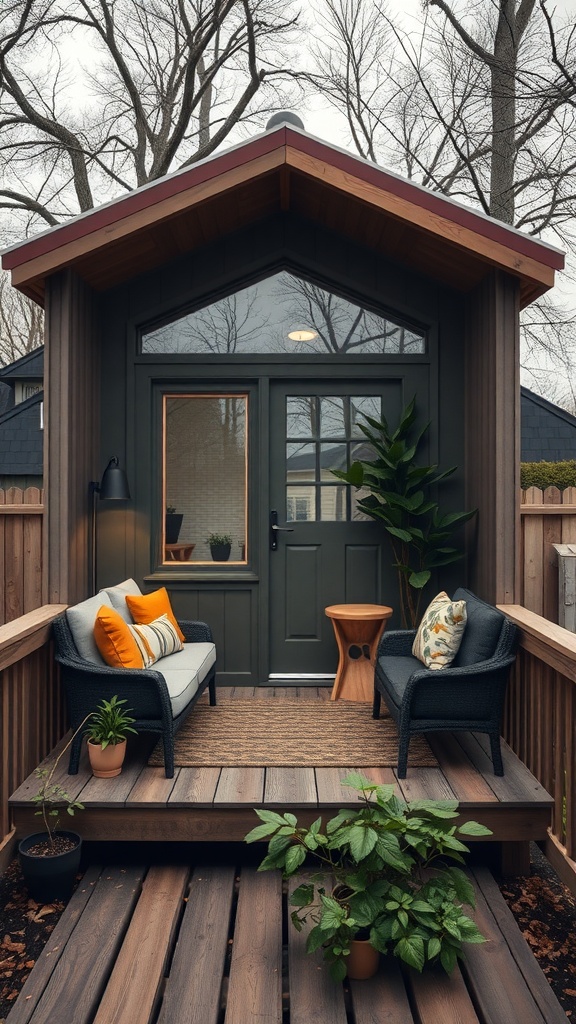 A cozy balcony of a tiny shed house featuring seating and plants.