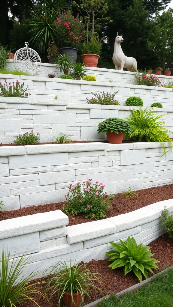 A garden featuring white stone retaining walls with various plants and flowers.