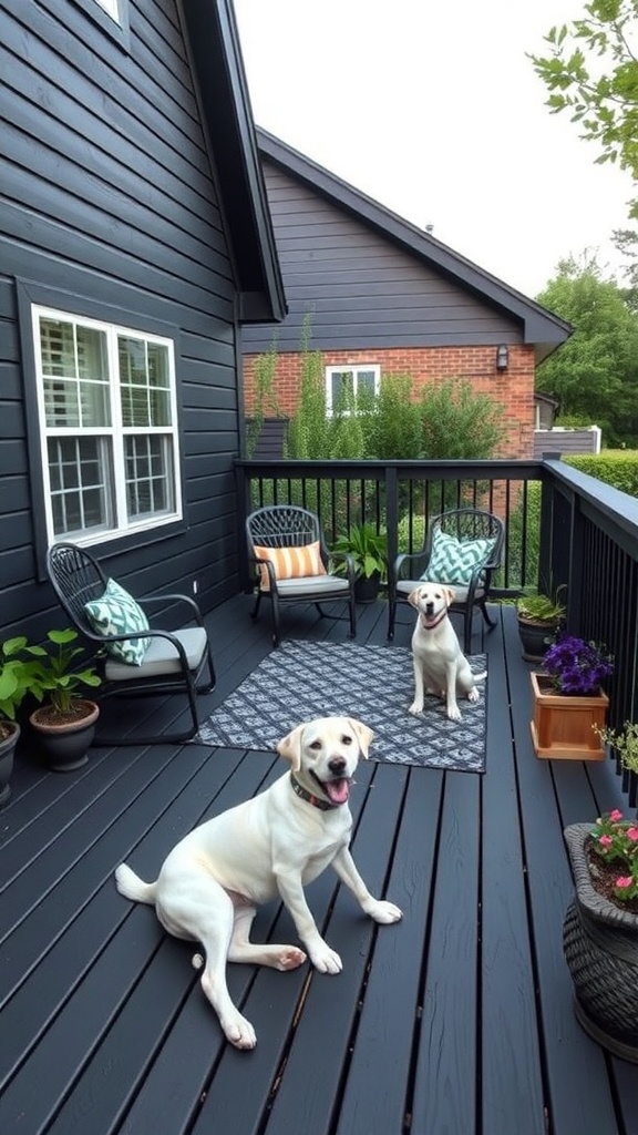 A pet-friendly black deck featuring two dogs, comfortable seating, and greenery.