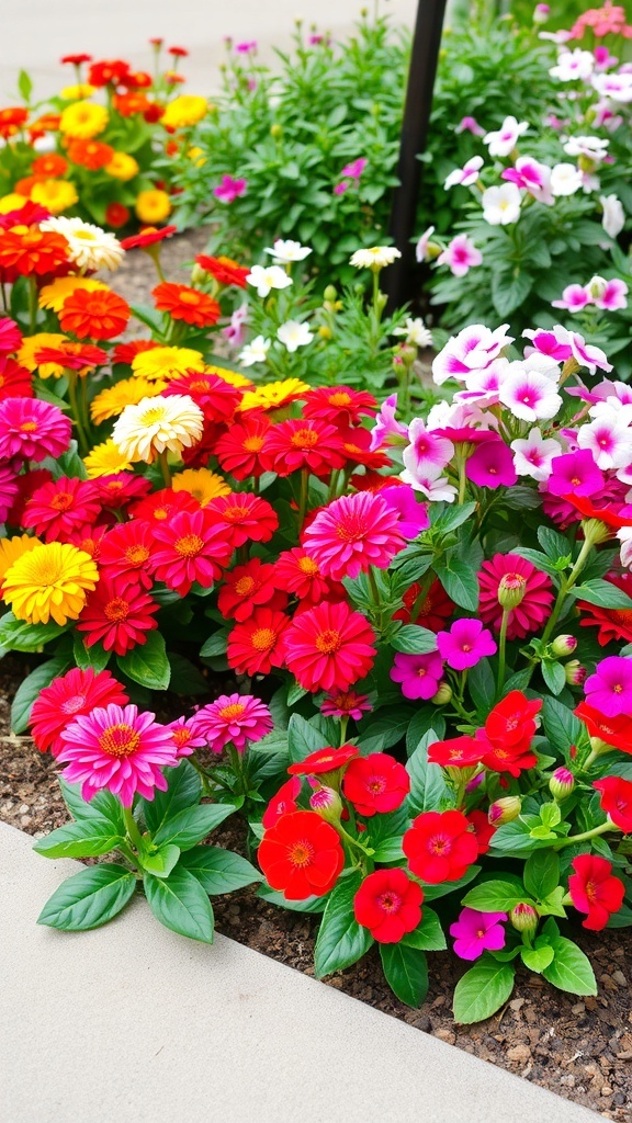 A vibrant garden bed featuring a mix of colorful zinnias and petunias.