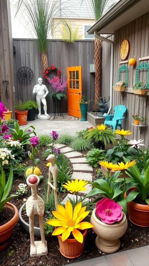 A small backyard garden featuring colorful flowers, unique sculptures, and a bright orange door.
