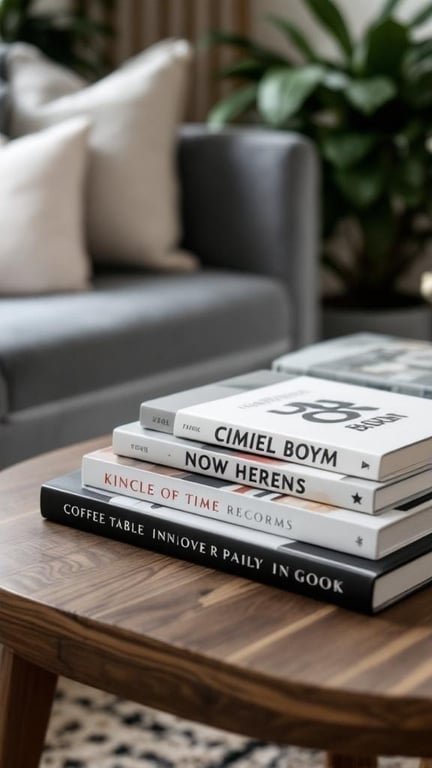 A stylish arrangement of coffee table books on a wooden table in a cozy living room setting.