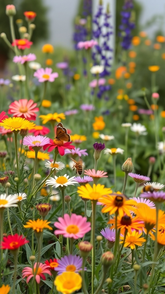 A colorful wildflower patch with various flowers and a butterfly
