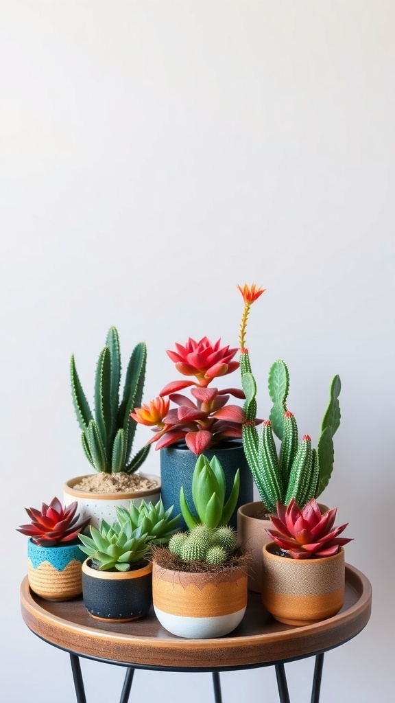 A colorful display of succulents and cacti in various pots on a wooden table.