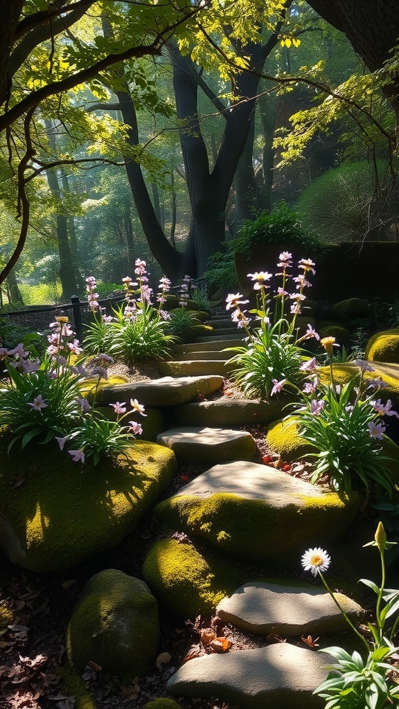 A serene woodland garden with a stone pathway surrounded by flowers and trees.