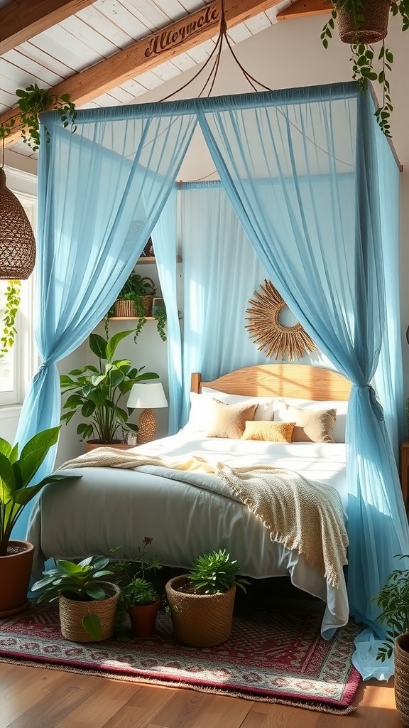 A cozy Bohemian bedroom featuring a light blue canopy bed surrounded by plants.