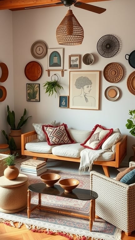 A cozy boho living room featuring handmade pottery decor, including earthy bowls on a coffee table.
