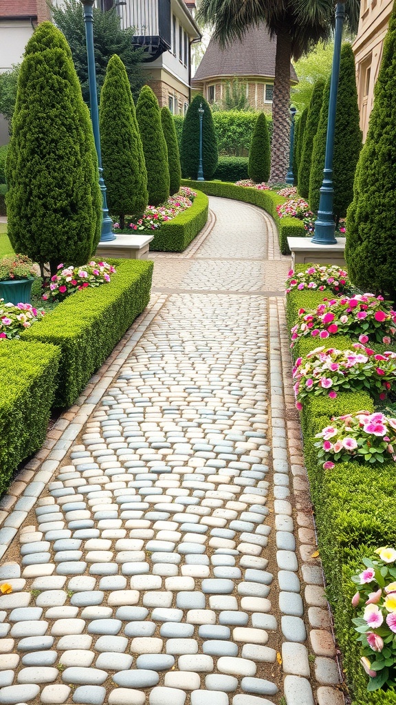 A beautiful pebble walkway surrounded by lush greenery and colorful flowers.