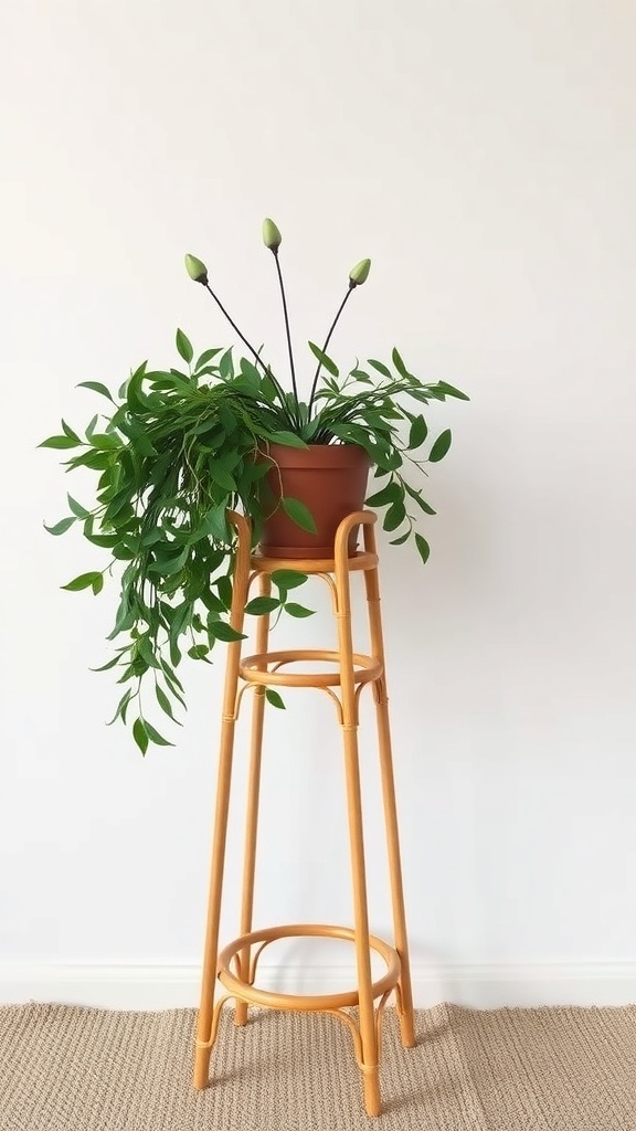 A bamboo plant stand with a green potted plant on it, set against a plain wall.