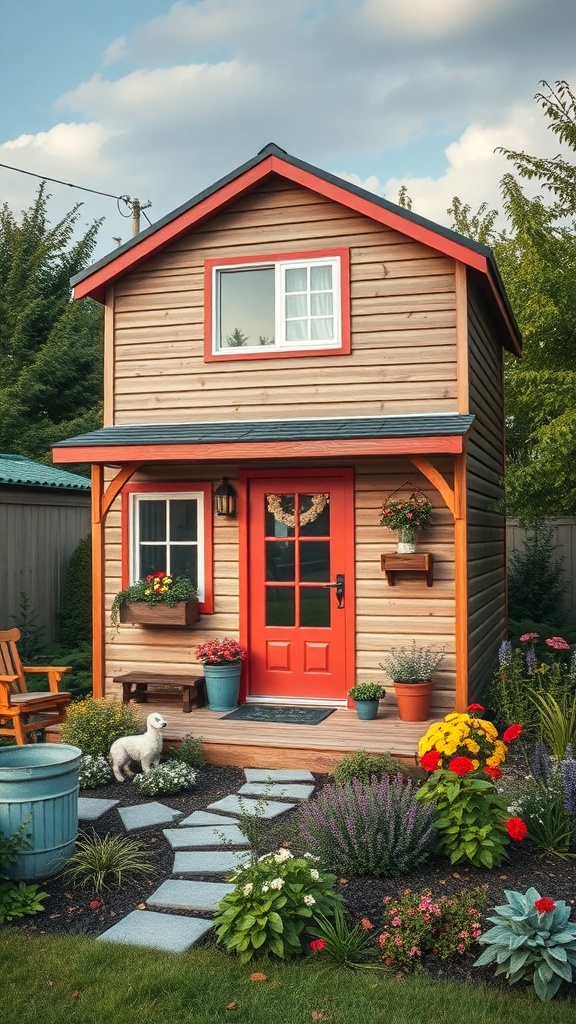 A vintage-inspired two-story shed house with a wooden exterior and red accents, surrounded by flowers.