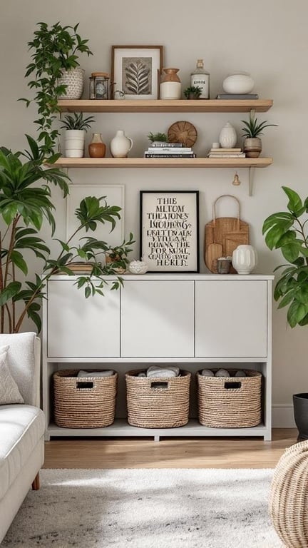 A stylish living room with a white cabinet, woven baskets, and decorative shelves filled with plants and art.
