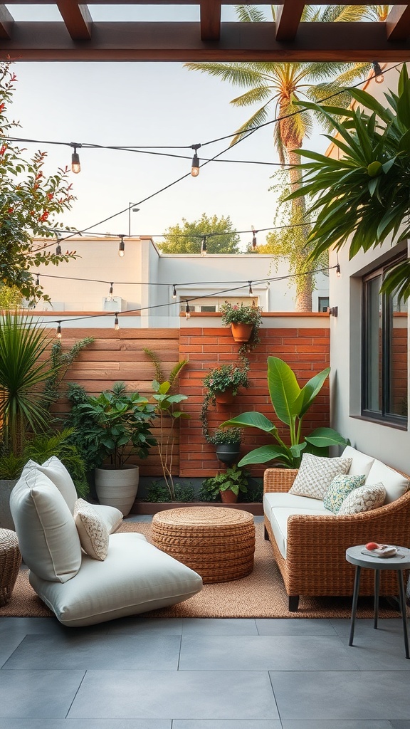 Cozy outdoor seating area with plants and warm lighting.