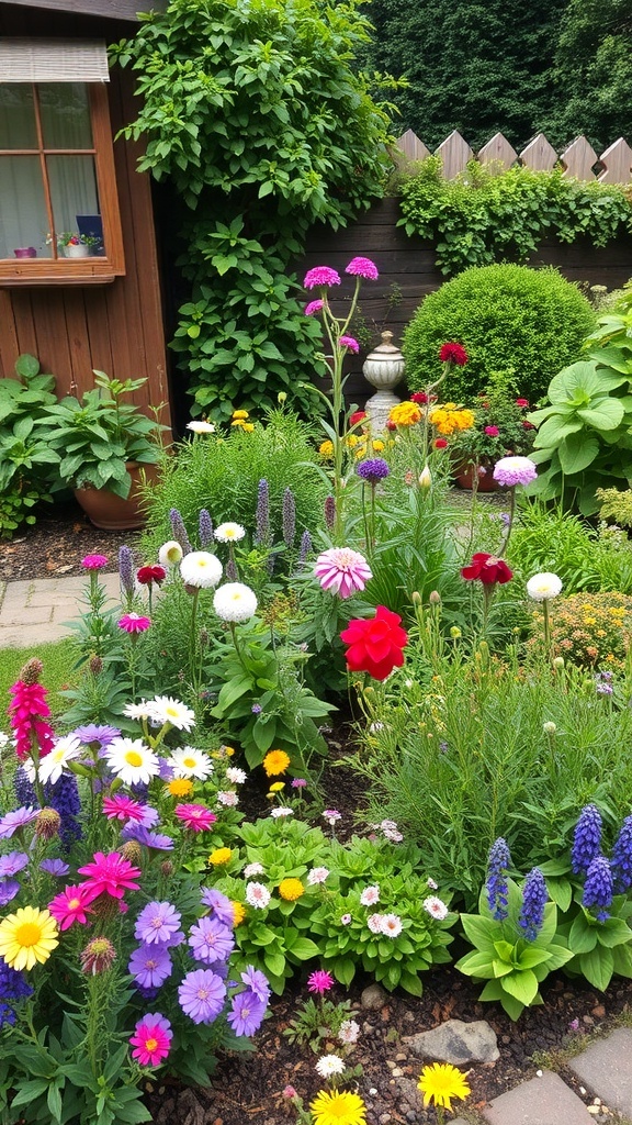 A vibrant cottage-style garden filled with colorful flowers and lush greenery.
