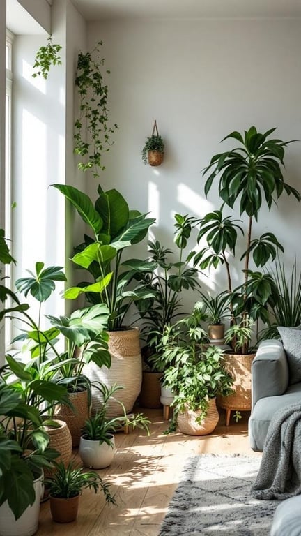 A bright living room filled with various indoor potted plants, showcasing different shapes and sizes, creating a lively atmosphere.