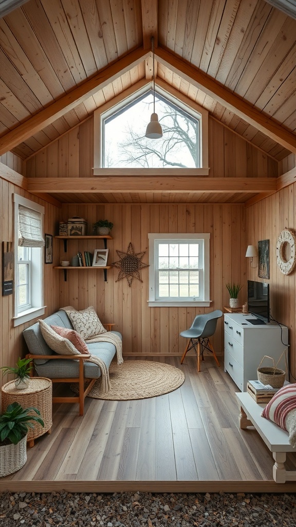 Interior of a cozy shed house with a living area and workspace.