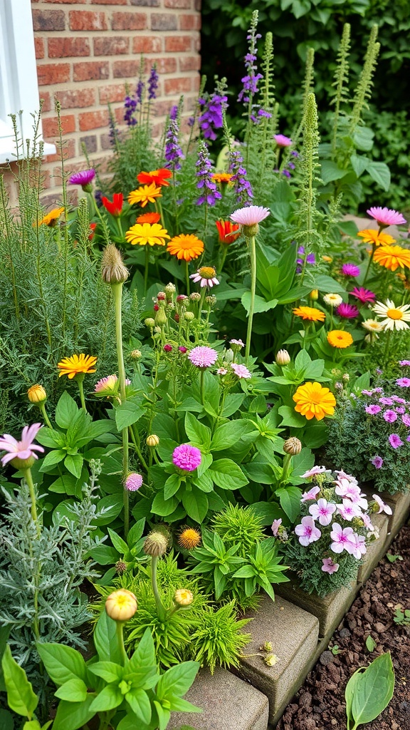 A colorful cottage-style herb border featuring various flowers and herbs.