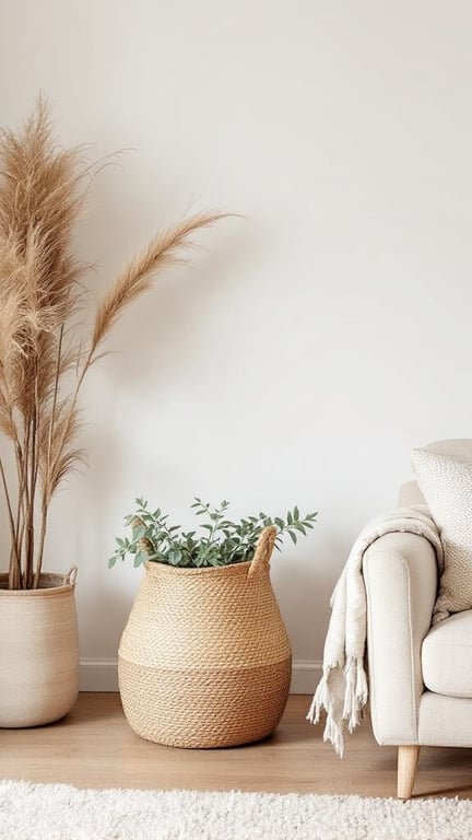 A cozy living room corner featuring natural fiber baskets with greenery and a comfortable sofa.
